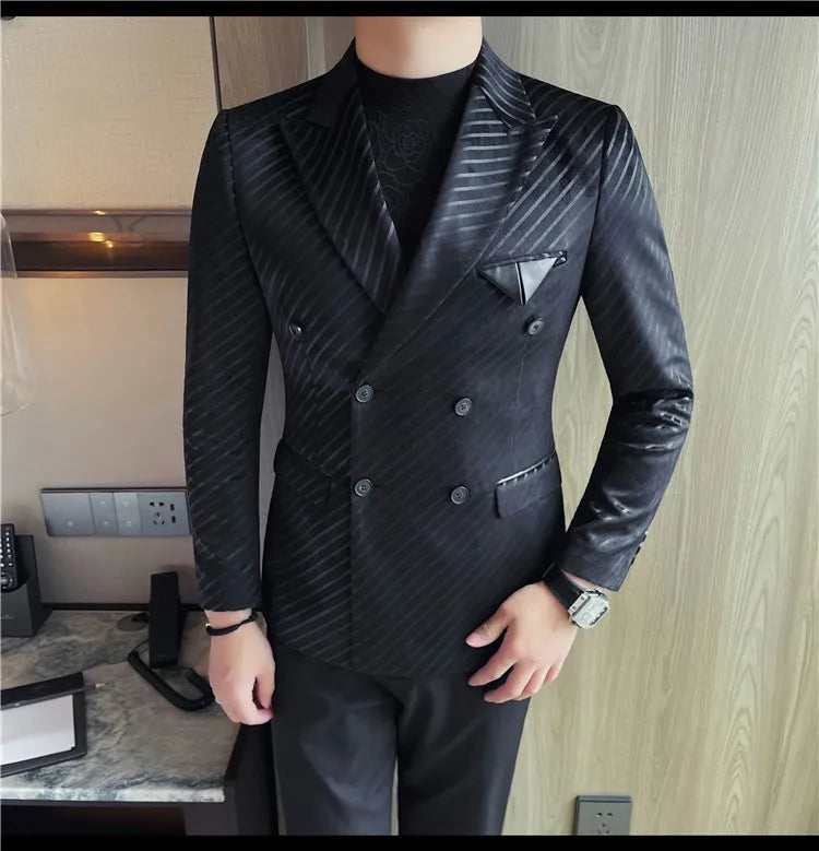 British Style Luxury Men Double Breasted Twill Suit Jacket High Quality Fashion Business Slim Fit Groom Social Party Suit Dress