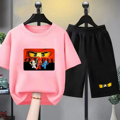 Summer T-Shirt Boyand Girls red Casual TShirt+Shorts Sets ninja Printed Kids Outfits Teen Children's Short Sleeve Tops