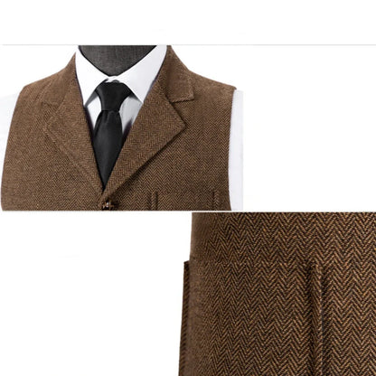 Men Vest Brown Herringbone With Lapel Waistcoat For Wedding Groom Banquet Business Casual Work Men Suit Vest