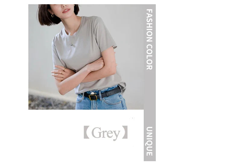 6% Real Silk Cotton Modal Women's T-shirt 2026 Summer Tees Short Sleeve Solid Tee Shirts V-neck Casual Woman Basic T shirt Tops