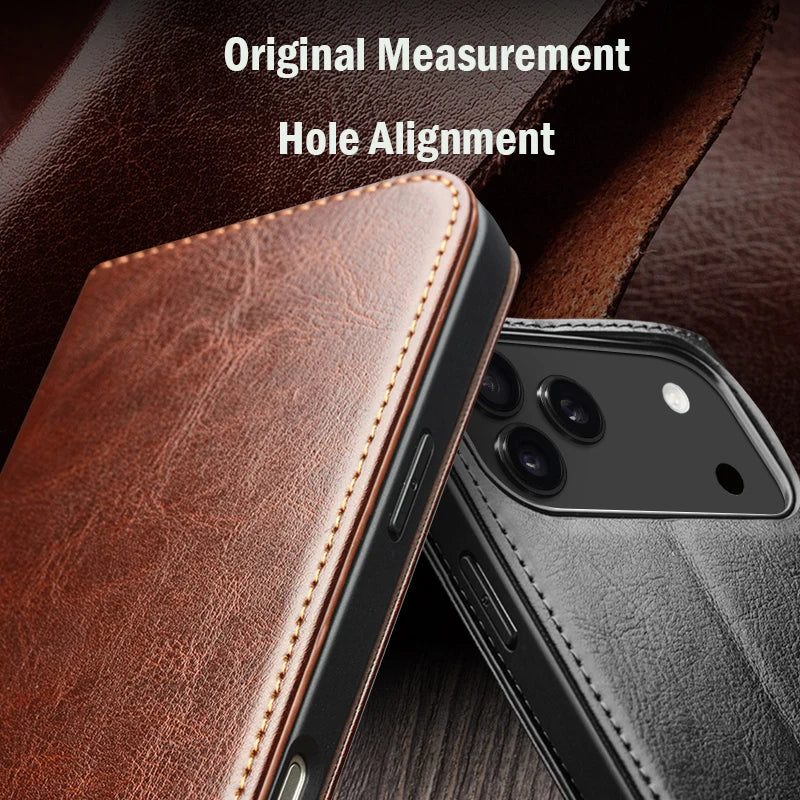 Genuine Leather Flip Case for iPhone 17 Bracket Handmade Business Cover with Card Slots for iPhone 17 Pro Max/17 Air