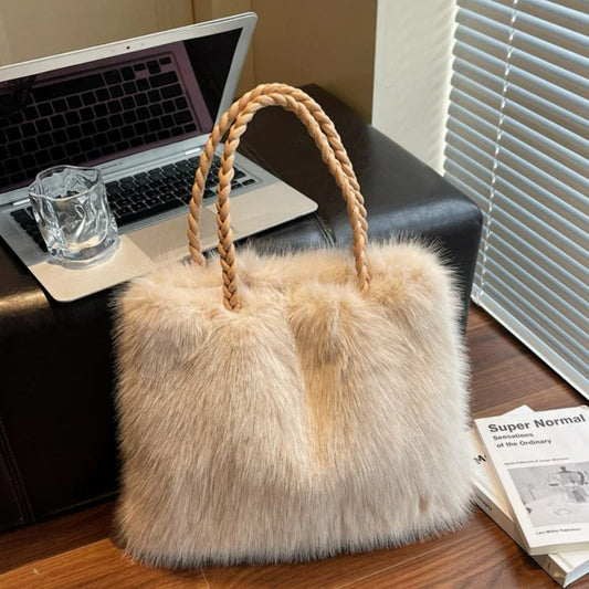 Fashion Women Furry Shoulder Bag Large Capacity Tote Handle Bag for Autumn Winter Outing Commuter Texture Versatile Storage Bags