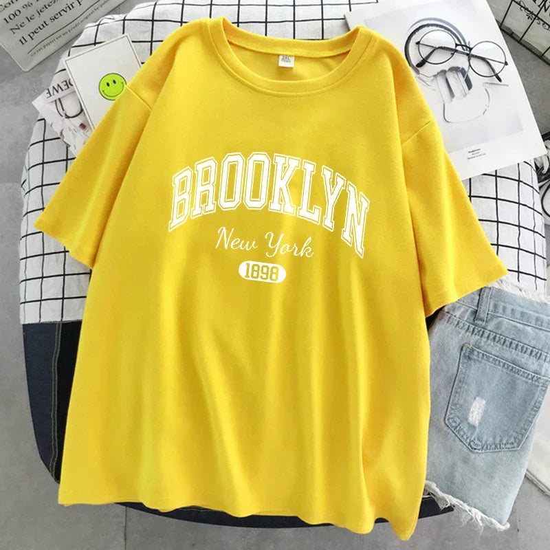 Brooklyn New York 1898 City Letter Print Female T-Shirt Street Breathable Tops Oversized Clothes Comfortable O-Neck Short Sleeve