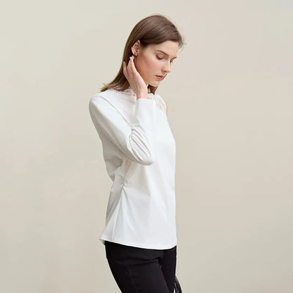 Long Sleeve T-shirt 2026 Autumn New Elegant Commuter Cotton Lace T-shirt Loose Off-the-shoulder Casual Women's Top 12641026