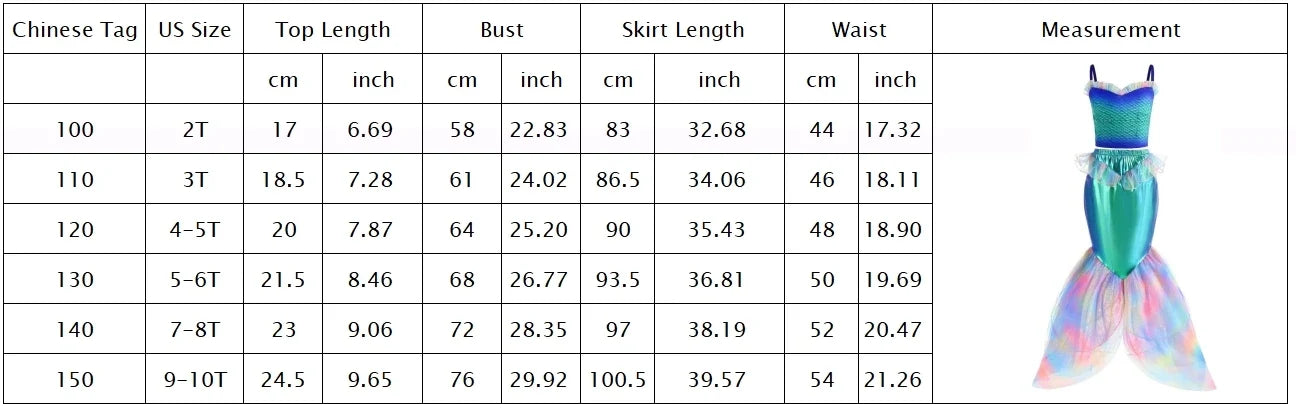 2024 NEW Two Pieces Mermaid Dress up Top and Tail Skirt Girls Off Shoulder Princess Dress Ariel Role Play Kids Halloween Apparel