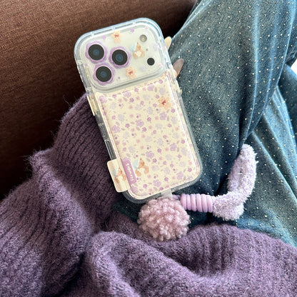 Gentle Purple Flower Stereoscopic Bear Artificial Leather Plush Ball Lanyard Phone Cover Case for iPhone 17 16 15 14 Pro Max