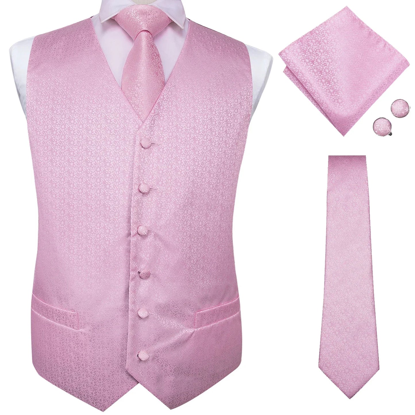 Wedding Coral Pink Mens Vest Silk Tie Set Adjustable Jacquard Waistcoat Jacket Necktie Hanky Cufflinks Formal Party Gifts