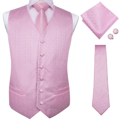 Wedding Coral Pink Mens Vest Silk Tie Set Adjustable Jacquard Waistcoat Jacket Necktie Hanky Cufflinks Formal Party Gifts