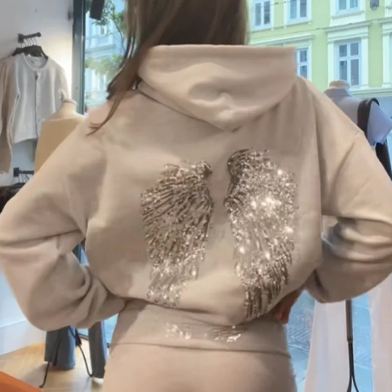Sequin Angle Wings Hoodie Pullover For Women Loose Solid Hooded Sweatsuit 2025 New Lady Autumn Winter Outwears
