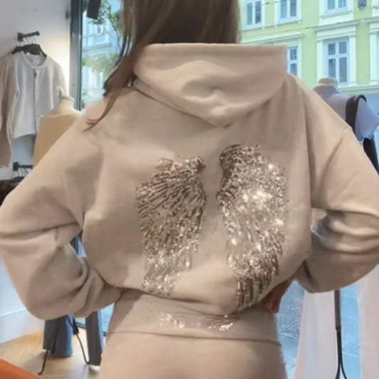 Sequin Angle Wings Hoodie Pullover For Women Loose Solid Hooded Sweatsuit 2025 New Lady Autumn Winter Outwears