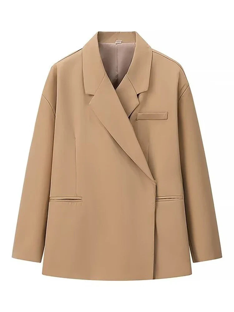 Chic Oversized Lapel Double Breasted Ruched Blazer Women 2026 Spring Khaki Elegant Puff Sleeve Casual Soft Daily Wear Outerwear
