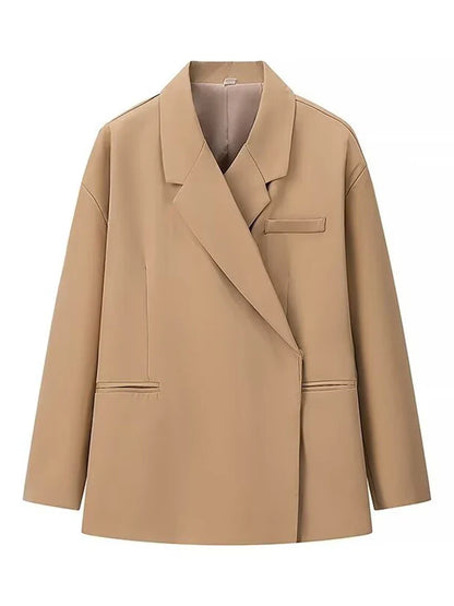 Chic Oversized Lapel Double Breasted Ruched Blazer Women 2026 Spring Khaki Elegant Puff Sleeve Casual Soft Daily Wear Outerwear