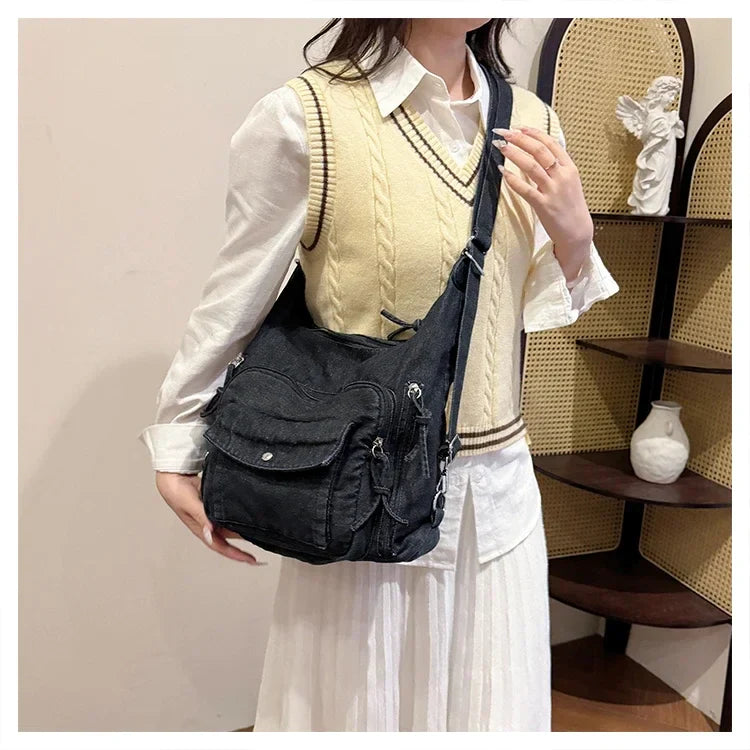 Solid Color Denim Trendy Shoulder Bag for 2025 High Quality Fashion Zipper Large Capacity Versatile Women's Crossbody Bag