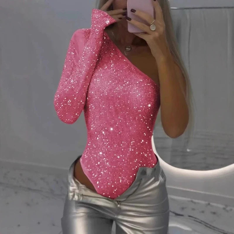 Spice Girls Sexy Sequin Jumpsuit Skew Collar Off-shoulder Single Shoulder Long Sleeved Bodysuits Summer Fashion Rhinestone Tops