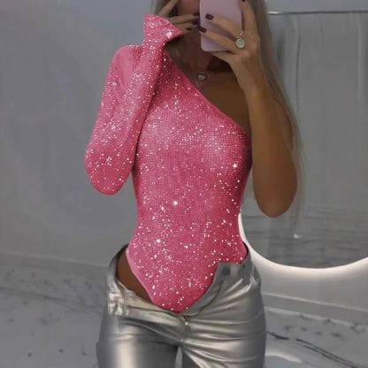 Spice Girls Sexy Sequin Jumpsuit Skew Collar Off-shoulder Single Shoulder Long Sleeved Bodysuits Summer Fashion Rhinestone Tops
