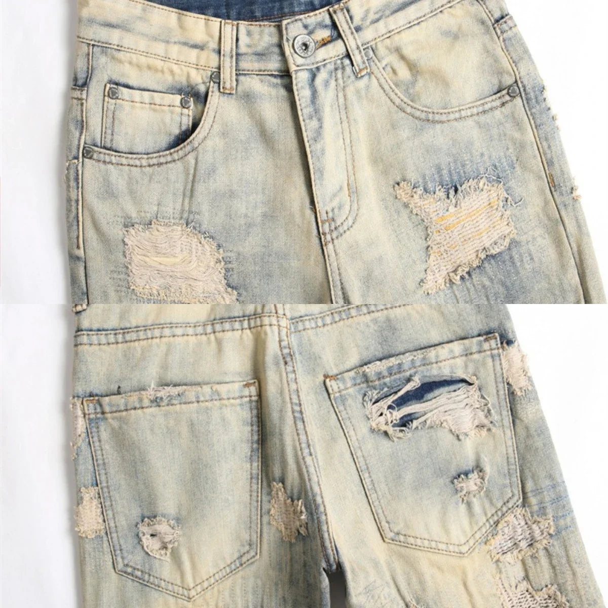 Summer Worn and Scratched Jeans Men's Small Feet Perforated Pockets Ragged Edges Long Pants Slim Fit Printing High Street Tide 2
