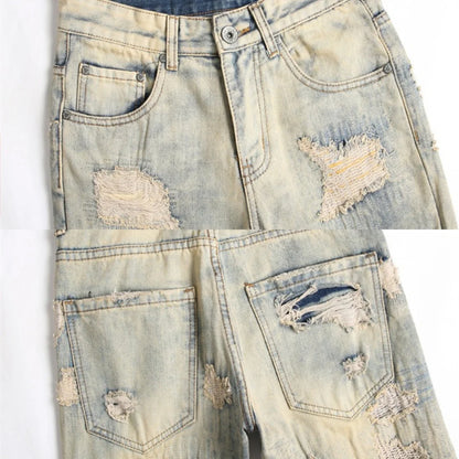Summer Worn and Scratched Jeans Men's Small Feet Perforated Pockets Ragged Edges Long Pants Slim Fit Printing High Street Tide 2