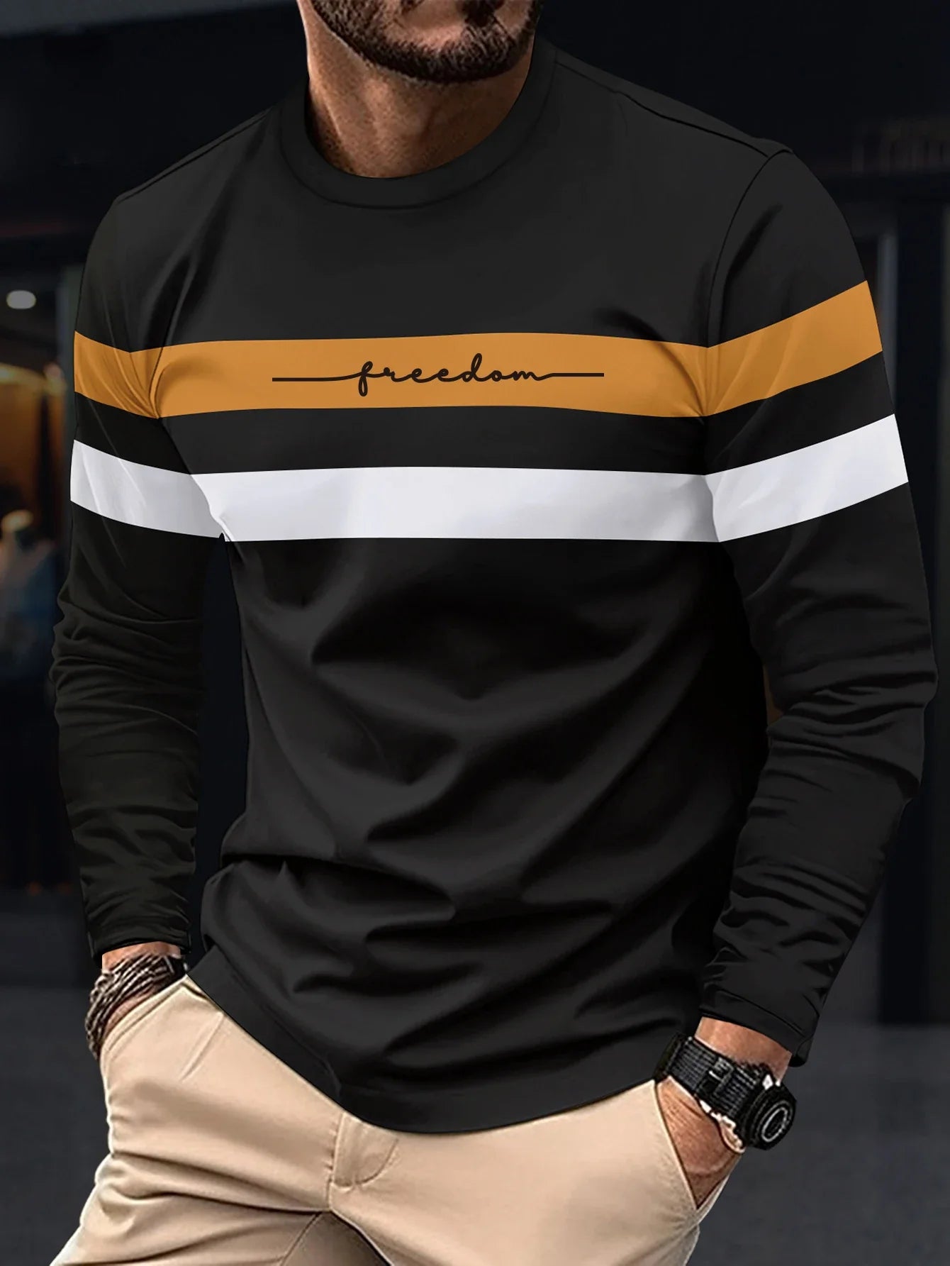 2026 Autumn Men's T-Shirt Clothing Fashion Oversized Crew Neck Long Sleeve T-Shirt Top Simple Casual Stripe T-Shirts For Men