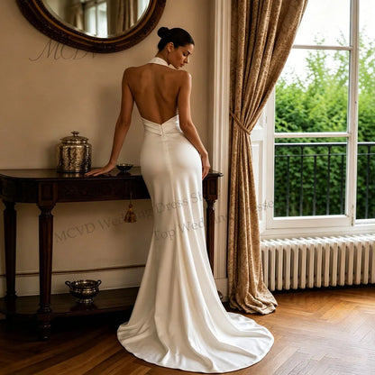 Halter Neck Satin Mermaid Wedding Dress Deep V Neck Backless Bridal Gown Long Ribbon Civil Wedding Reception Dress Customized