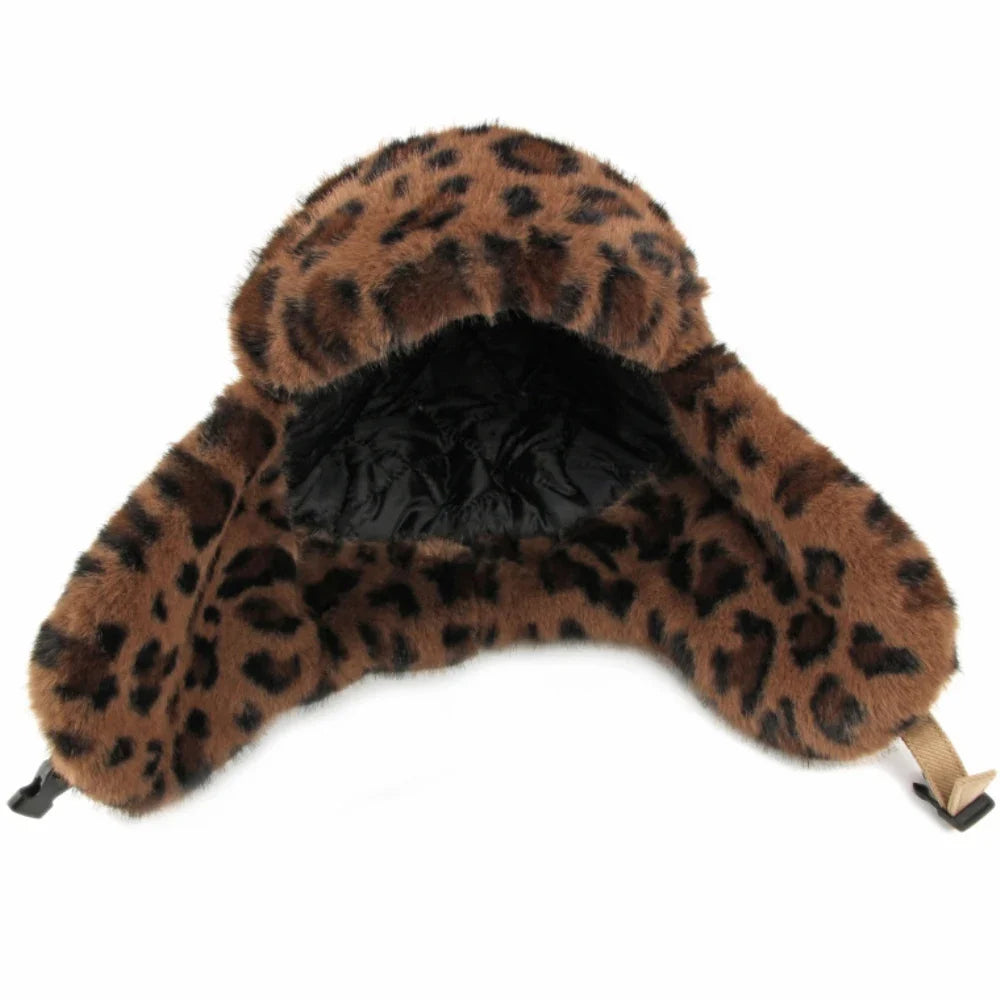 Bomber Hat Men Women Thick Warm Winter Hat Leopard Fur Earflap Cap Male Female Russian Hat Windproof Snow Ski Trapper Cap