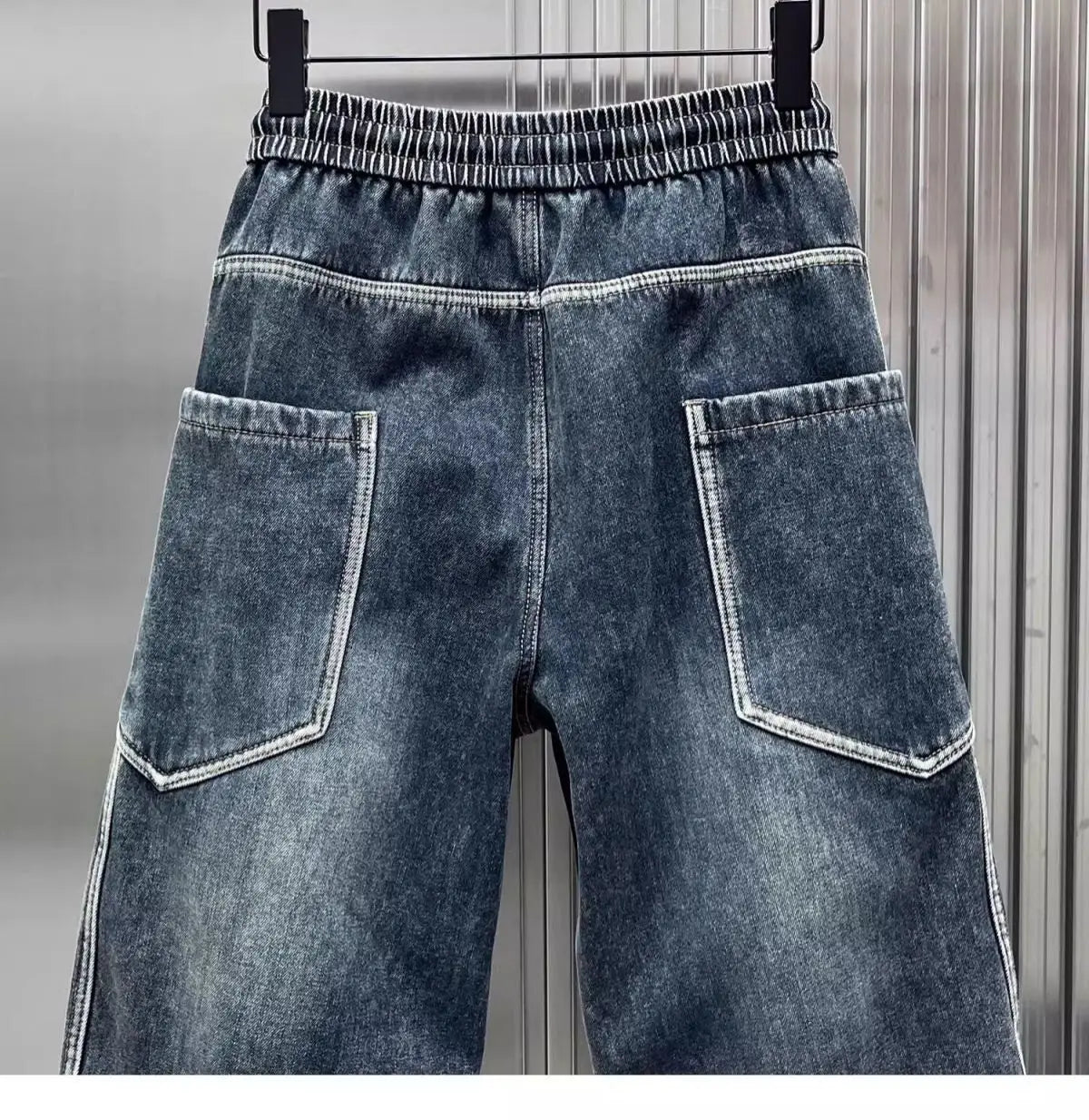 Spring Autumn 2025 New Splicing Cutting Elastic Waist Large Size Boys Washed Loose Wide Leg Big Pocket Scimitar Drawstring Jeans