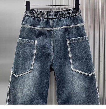 Spring Autumn 2025 New Splicing Cutting Elastic Waist Large Size Boys Washed Loose Wide Leg Big Pocket Scimitar Drawstring Jeans