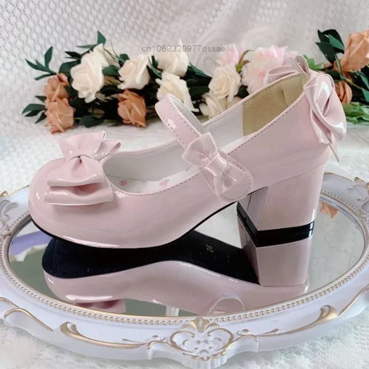 2024 Style Cute Round Head  Jane Pumps With Bow Women's Sweet Party Dress Midi Heels Shoes Fashion PU Sandals