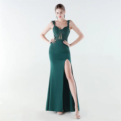 10 Colors Women's Sexy Slit Evening Dress with Appliques Soft Satin Wedding Party Dresses Prom Gowns robe de soiree