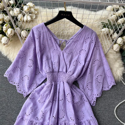 White/Purple/Blue V Neck Summer New Lace Embroidery Dress Women Short Sleeves Dresses Female Vintage Party Beach Midi Dresses