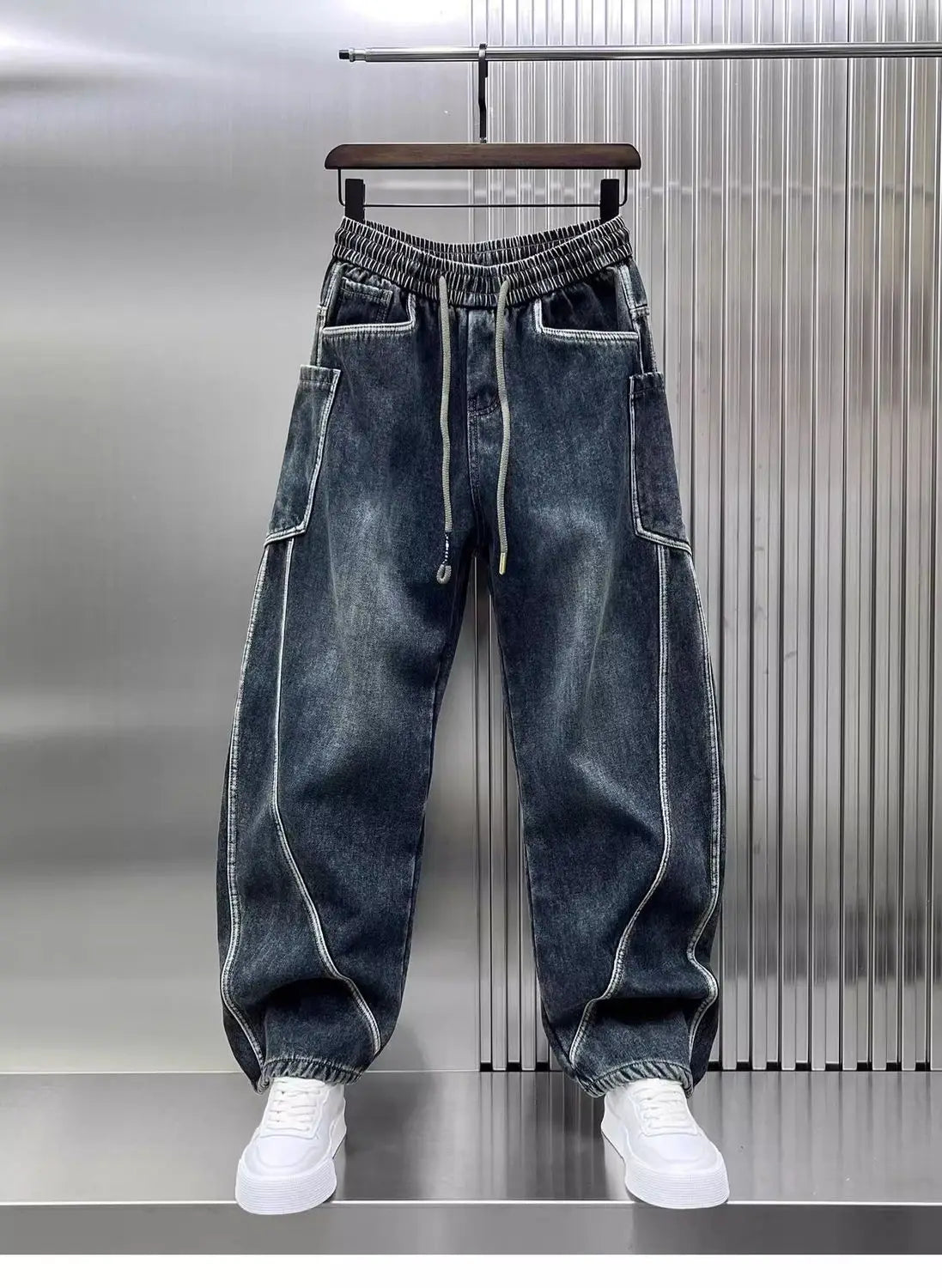 Spring Autumn 2025 New Splicing Cutting Elastic Waist Large Size Boys Washed Loose Wide Leg Big Pocket Scimitar Drawstring Jeans