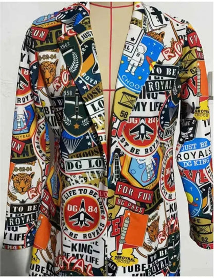 Elegant and Youth Blazer Spring Fashion Vintage Irregular Print Casual Woman Clothing High Street Lapel Blazer Woman Outerwears