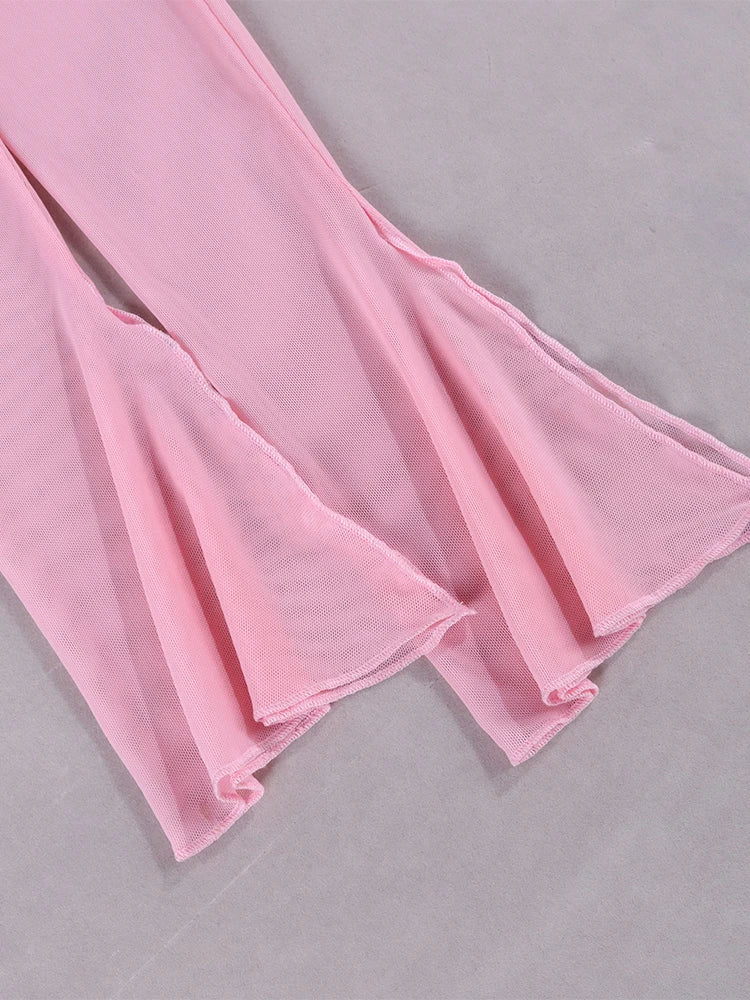 Halter Flounce Sleeves Mesh Pink Dress Women Sexy Solid Backless Bandage Mini Vestido Summer Vacation Party Club