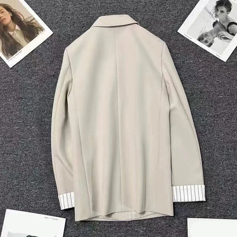 2025 New Beige Notched Collar Jacket Women Korean Chic Patchwork Long Sleeve Small Suit Coat Casual Simple Single Button Blazers
