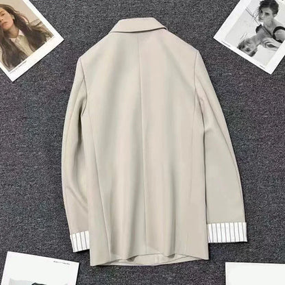 2025 New Beige Notched Collar Jacket Women Korean Chic Patchwork Long Sleeve Small Suit Coat Casual Simple Single Button Blazers