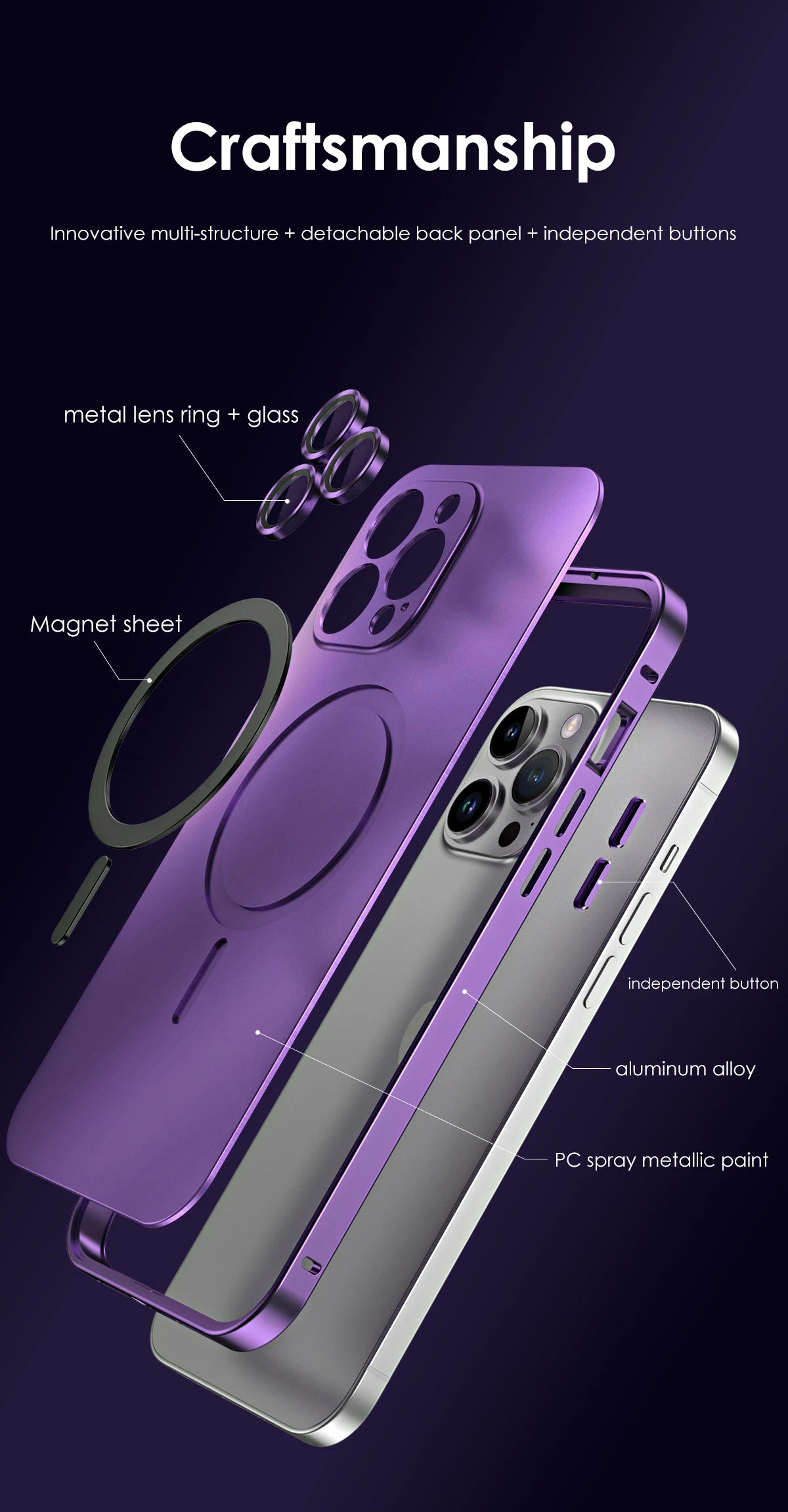 Aluminum Metal Frame Magnetic Case For iPhone 13 12 14 15 16 17 Pro Max For Magsafe Wireless Charging Lens Film PC Back Panel