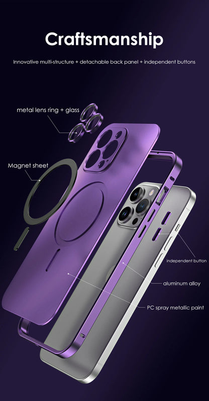 Aluminum Metal Frame Magnetic Case For iPhone 13 12 14 15 16 17 Pro Max For Magsafe Wireless Charging Lens Film PC Back Panel