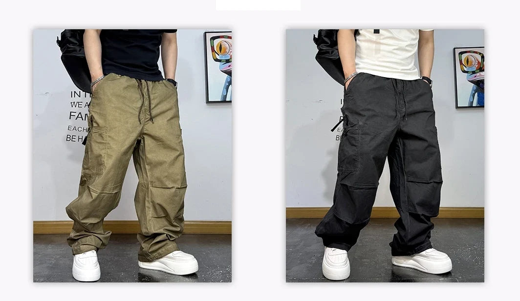 Mens American Vintage Baggy Cargo Pants Multi Pocket Distressed 100% Cotton Straight Leg Loose Fit Premium Quality Pants Trendy