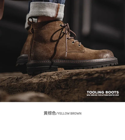 Maden Retro Fleece-lined Split Suede Boots High-Top Work Boots Lace-Up Desert Ankle Rugged Sole Boots Outdoor Winter Fall Shoes