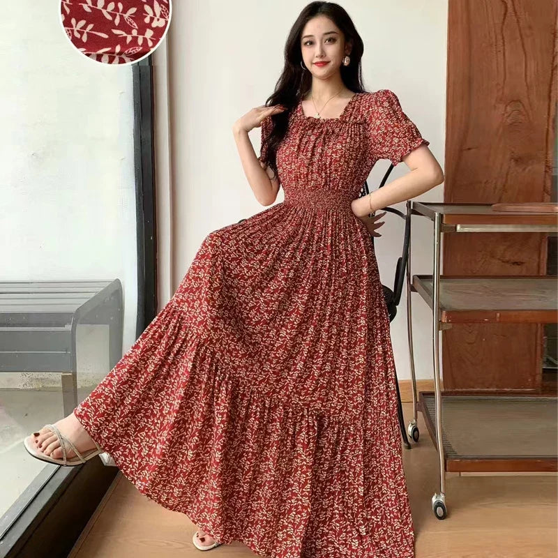Summer New Cotton Silk Floral Print Maxi Dr ort Sve Beachwear High Waist Young Women's Large Skirt Swing Dr