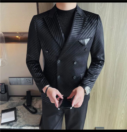 British Style Luxury Men Double Breasted Twill Suit Jacket High Quality Fashion Business Slim Fit Groom Social Party Suit Dress