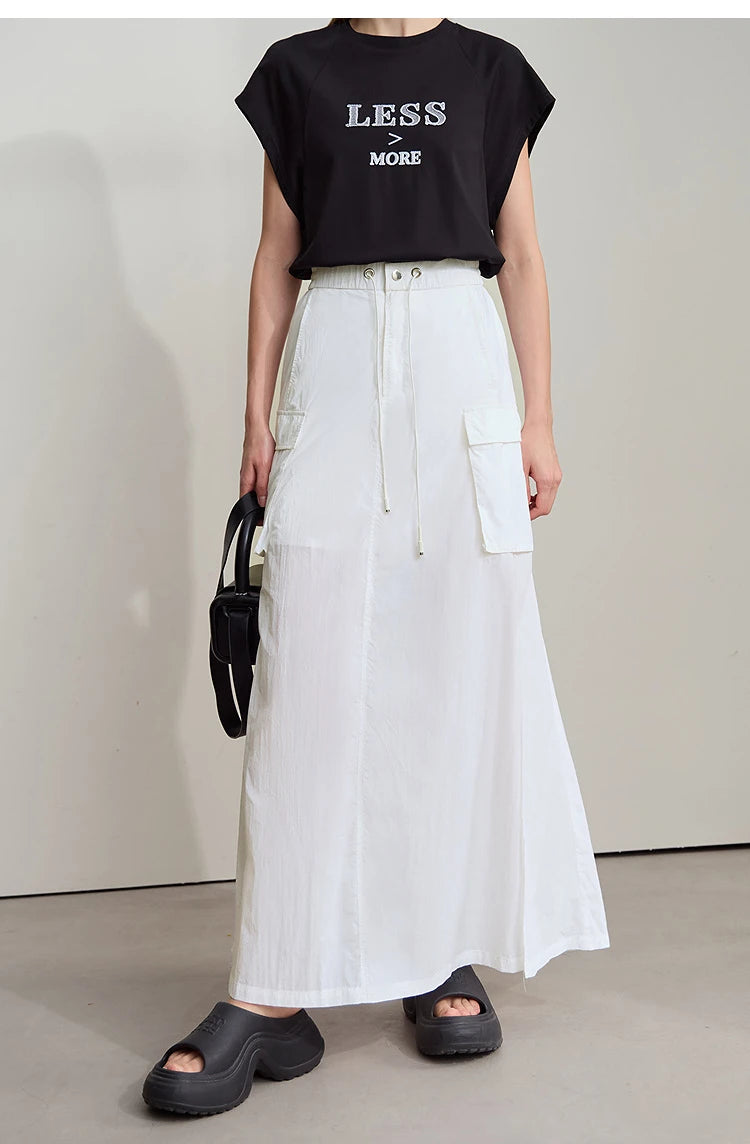 Vacation Long Skirt 2025 Summer Women Loose Sun Protection Office Lady Solid Pockets Elastic Waist Cord Slit Skirt 12542106