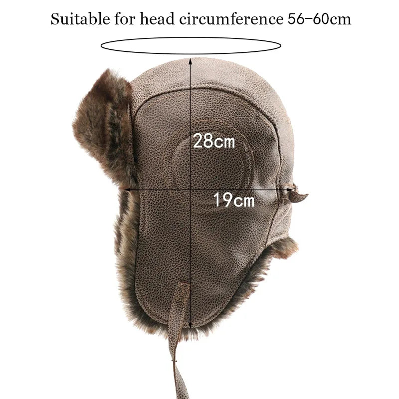 Men Winter Bomber Hat With Goggles Outdoor Motorcycle Windproof Warm Faux Fur Pilot Earflap Hat Leather Thermal Ushanka