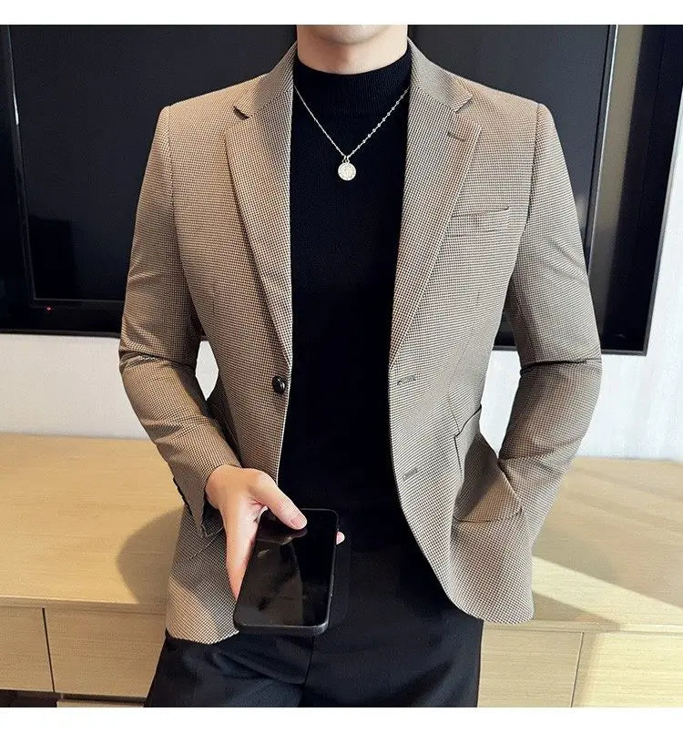 Korean Vintage Elegant Men's Business Slim Fit Suit Jacket 2026 New Fashion Lapel Single Breasted Men Social Party Dress Coats