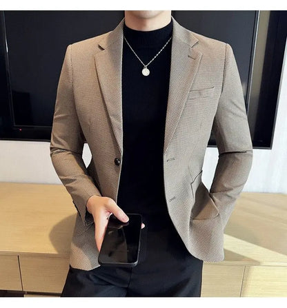 Korean Vintage Elegant Men's Business Slim Fit Suit Jacket 2026 New Fashion Lapel Single Breasted Men Social Party Dress Coats