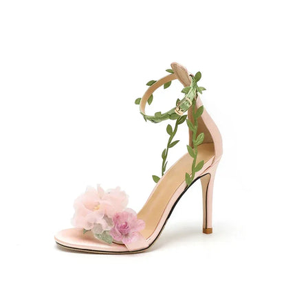 Summer Pink Sweet Chiffon Flower Dream High Heels Lace up Sandals Wedding Banquet Women's Shoes