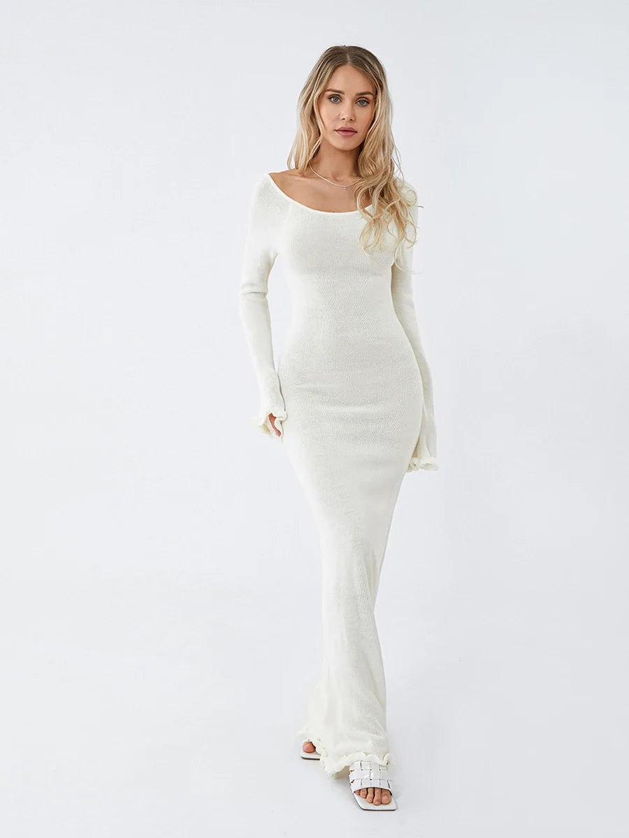 Women's Autumn Winter Knitted Bodycon Dress Long Sleeve Tie Backless Round Neck Solid Color Ruffle Trim Long Dress Beachwear