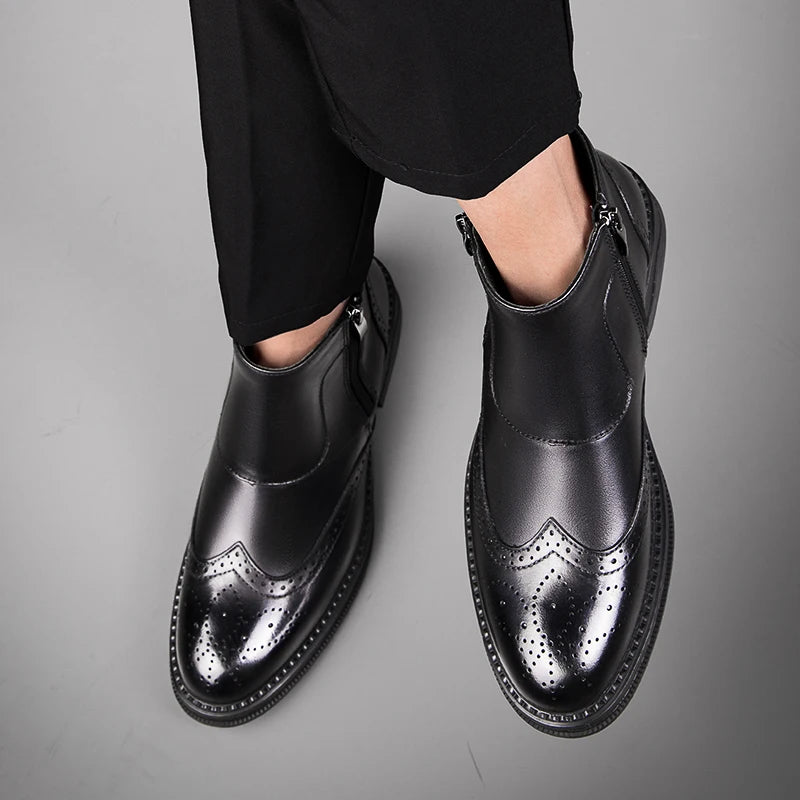 Male Winter Shoes Plush Warm Shoes Fashion Zipper Men's Basic Boots British Style Business Shoes Genuine Leather Chelsea Boots