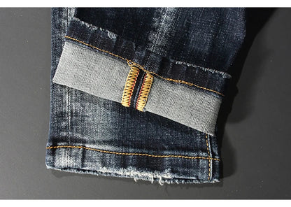 Streetwear Fashion Men Jeans Retro Black Blue Elastic Slim Fit Ripped Jeans Men Spliced Designer Embroidery Hip Hop Denim Pants