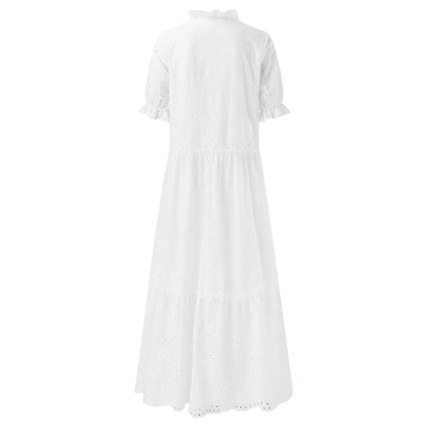 Summer Cotton White Dress for Women Casual Hollow Crochet Bohemian Loose Beach Long Dress Ladies Plus Size Holiday Ruffles Dress