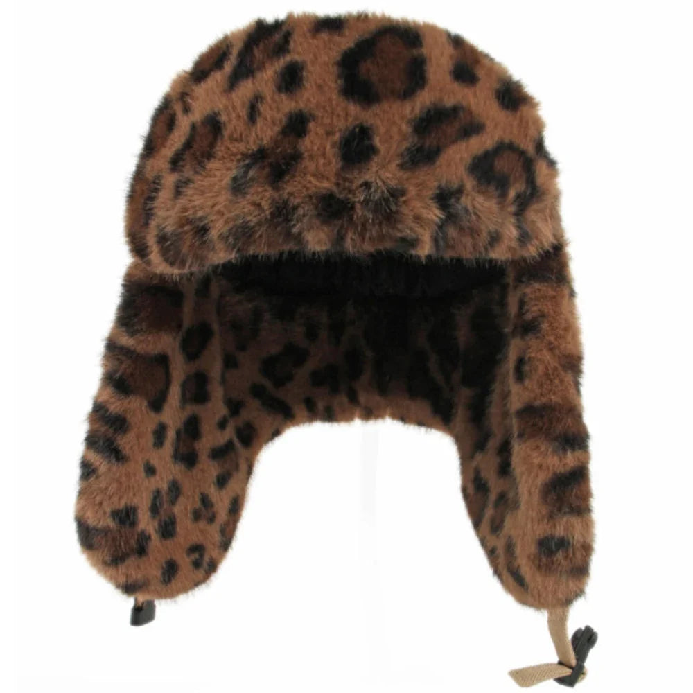 Bomber Hat Men Women Thick Warm Winter Hat Leopard Fur Earflap Cap Male Female Russian Hat Windproof Snow Ski Trapper Cap